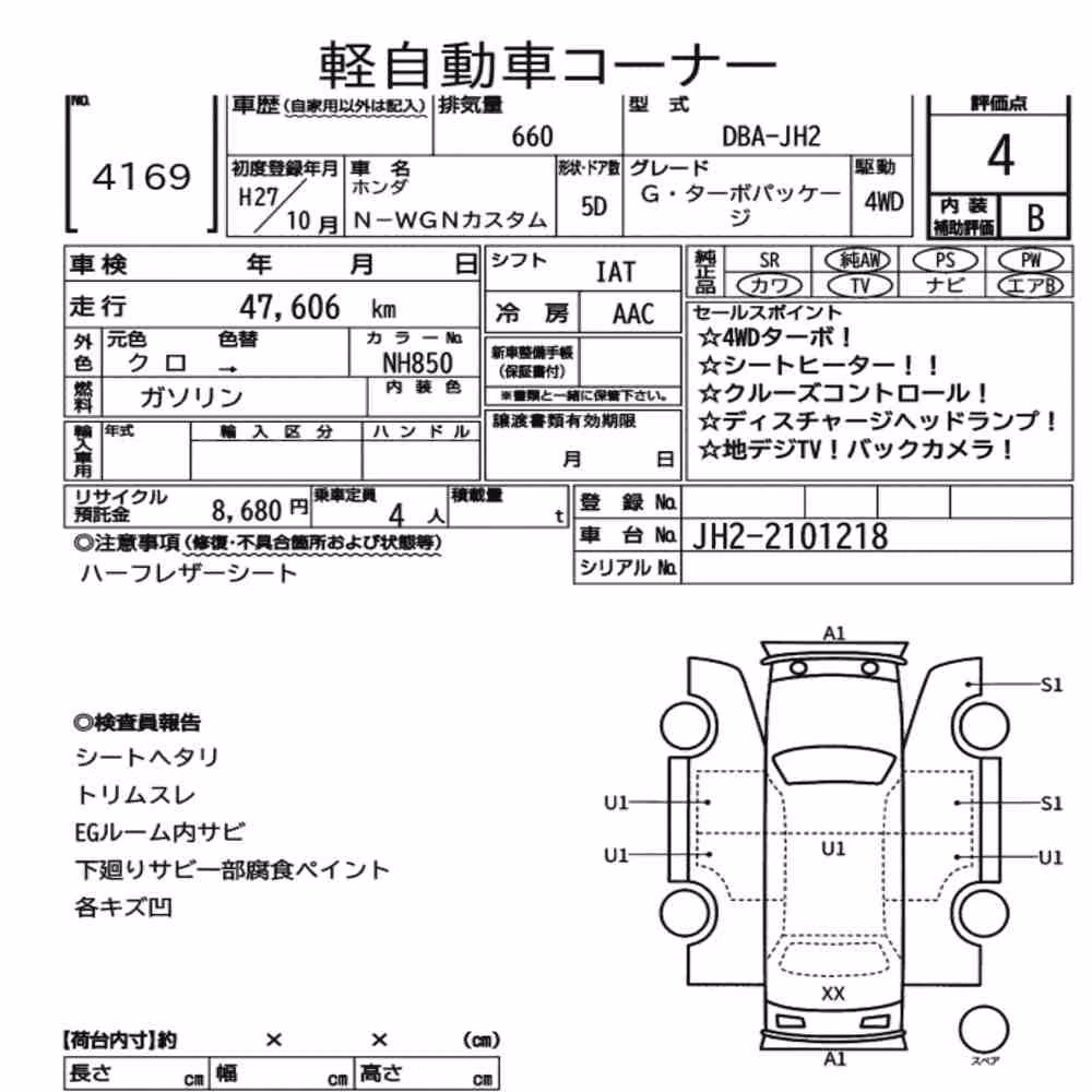 Notka aukcyjna: HONDA N-WGN CUSTOM 4WD G・TURBO PACKAGE