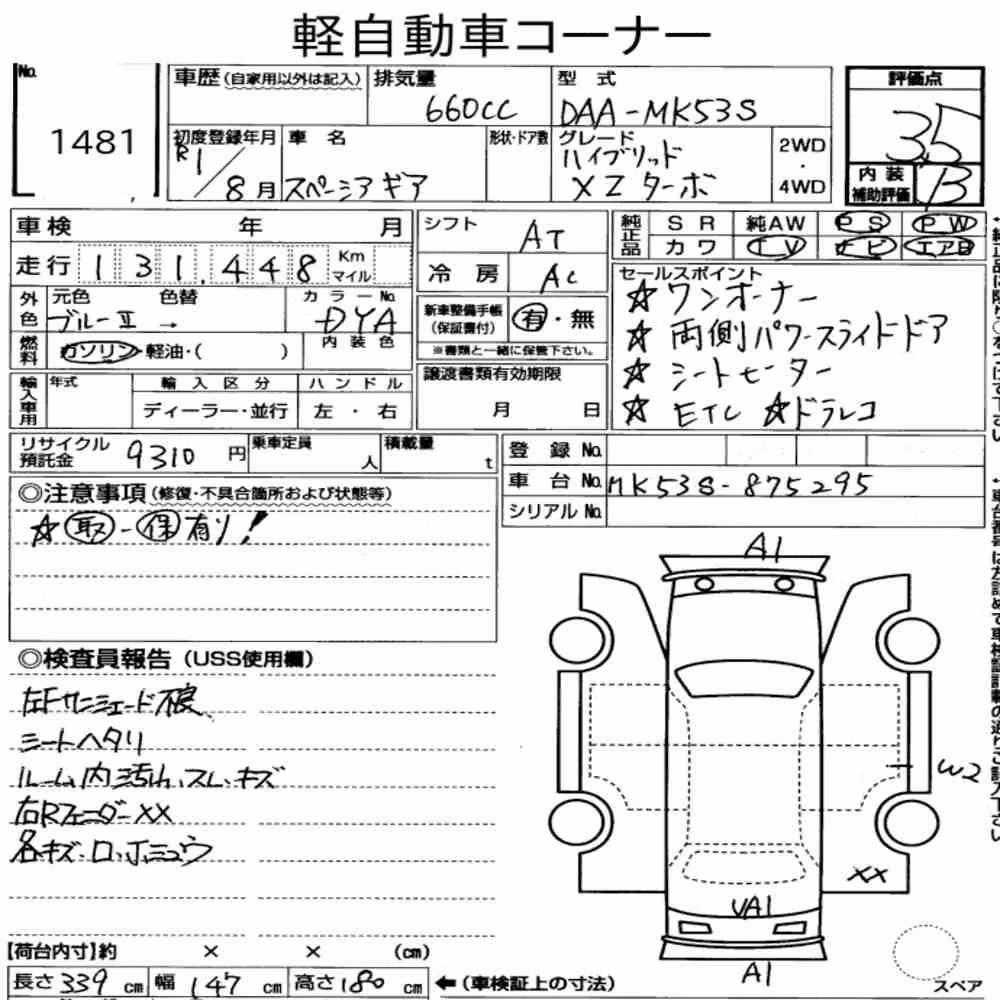 Notka aukcyjna: SUZUKI SPACIA GEAR HYBRID XZ TURBO