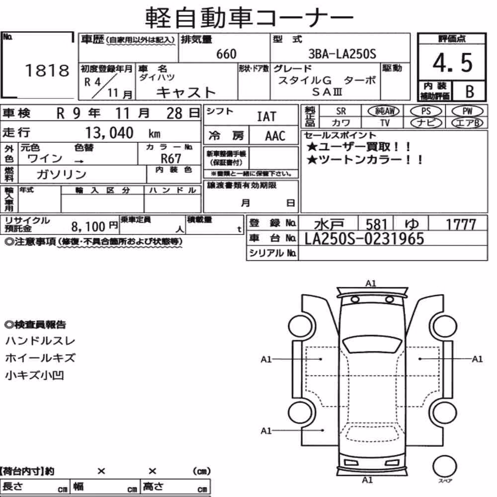 Notka aukcyjna: DAIHATSU CAST STYLE G TURBO SAⅢ