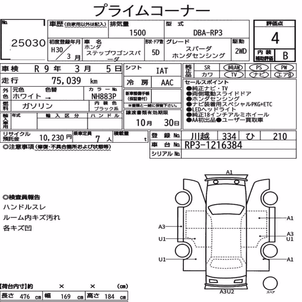 Notka aukcyjna: HONDA STEPWAGON SPADA SPADA HONDA SENSING