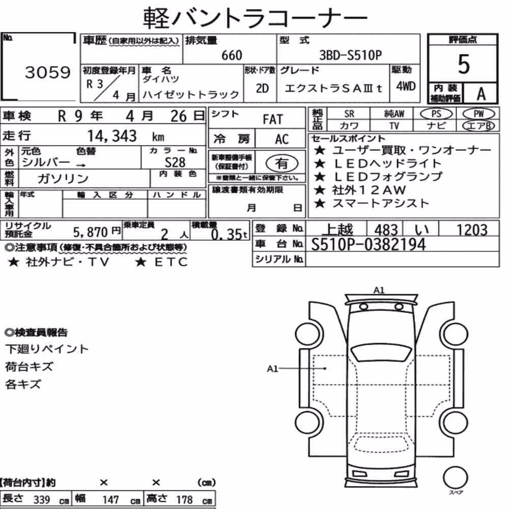 Notka aukcyjna: DAIHATSU HIJET TRUCK 4WD EXTRA SA ⅢT