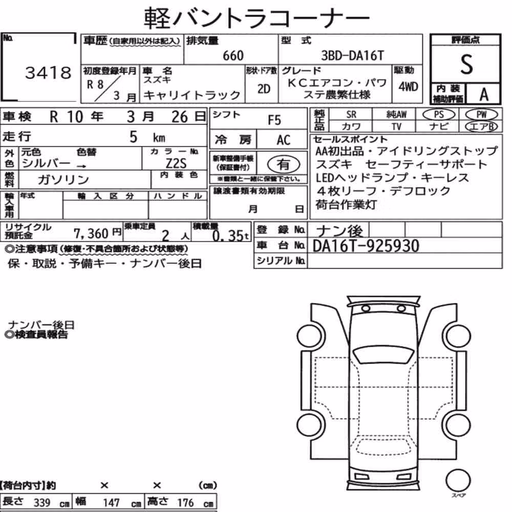 Notka aukcyjna: SUZUKI CARRY TRUCK 4WD KC AIR CONDITIONING POWER STEERING NOUHA