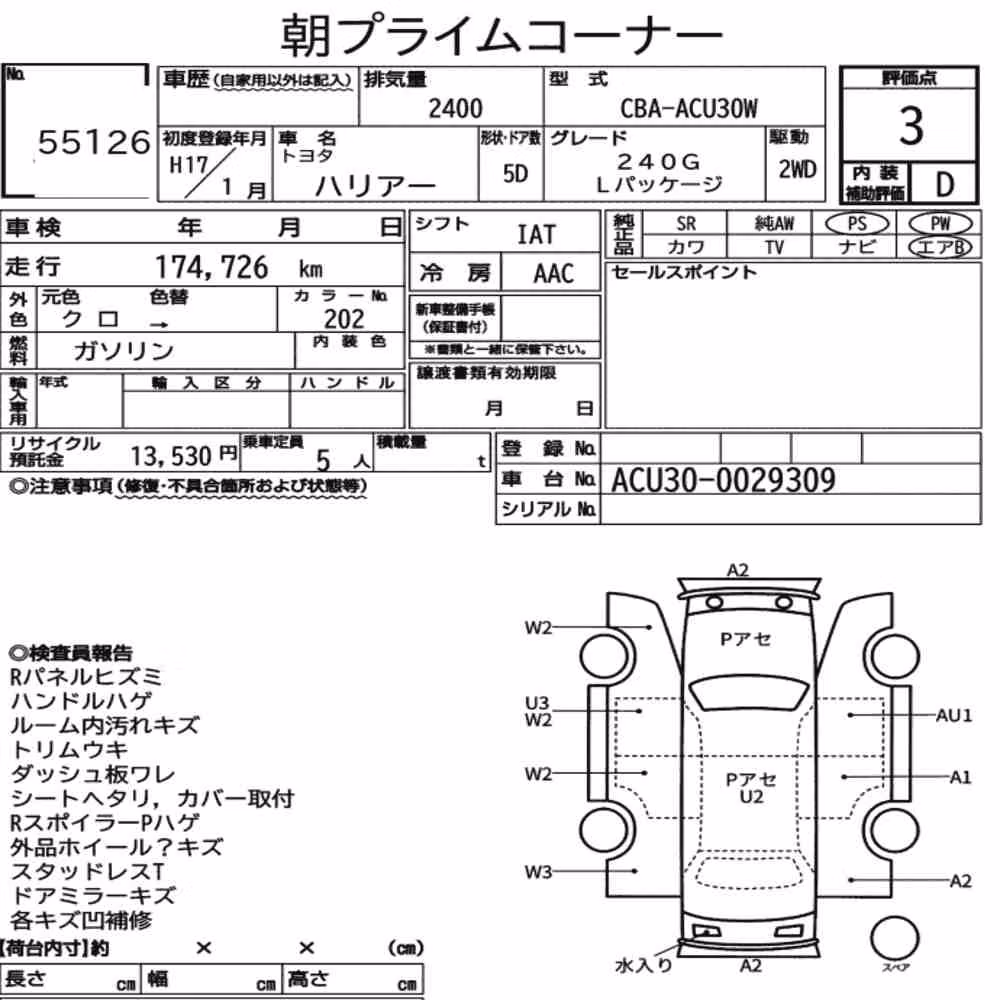 Notka aukcyjna: TOYOTA HARRIER 240G L PACKAGE