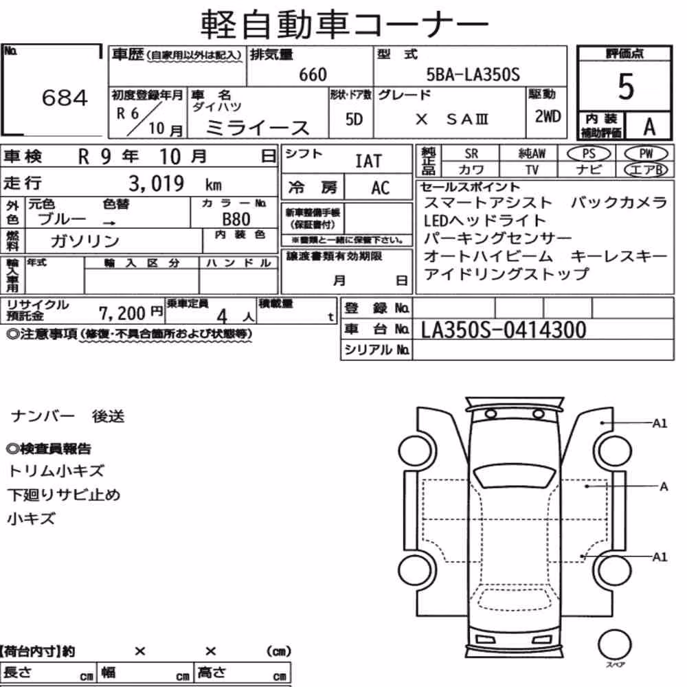 Notka aukcyjna: DAIHATSU MIRA E:S X SA Ⅲ