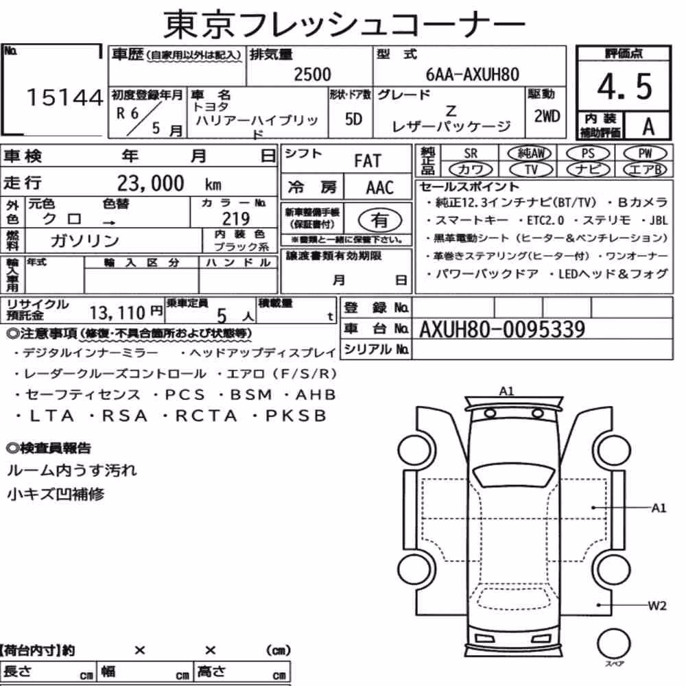 Notka aukcyjna: TOYOTA HARRIER HYBRID Z LEATHER PACKAGE