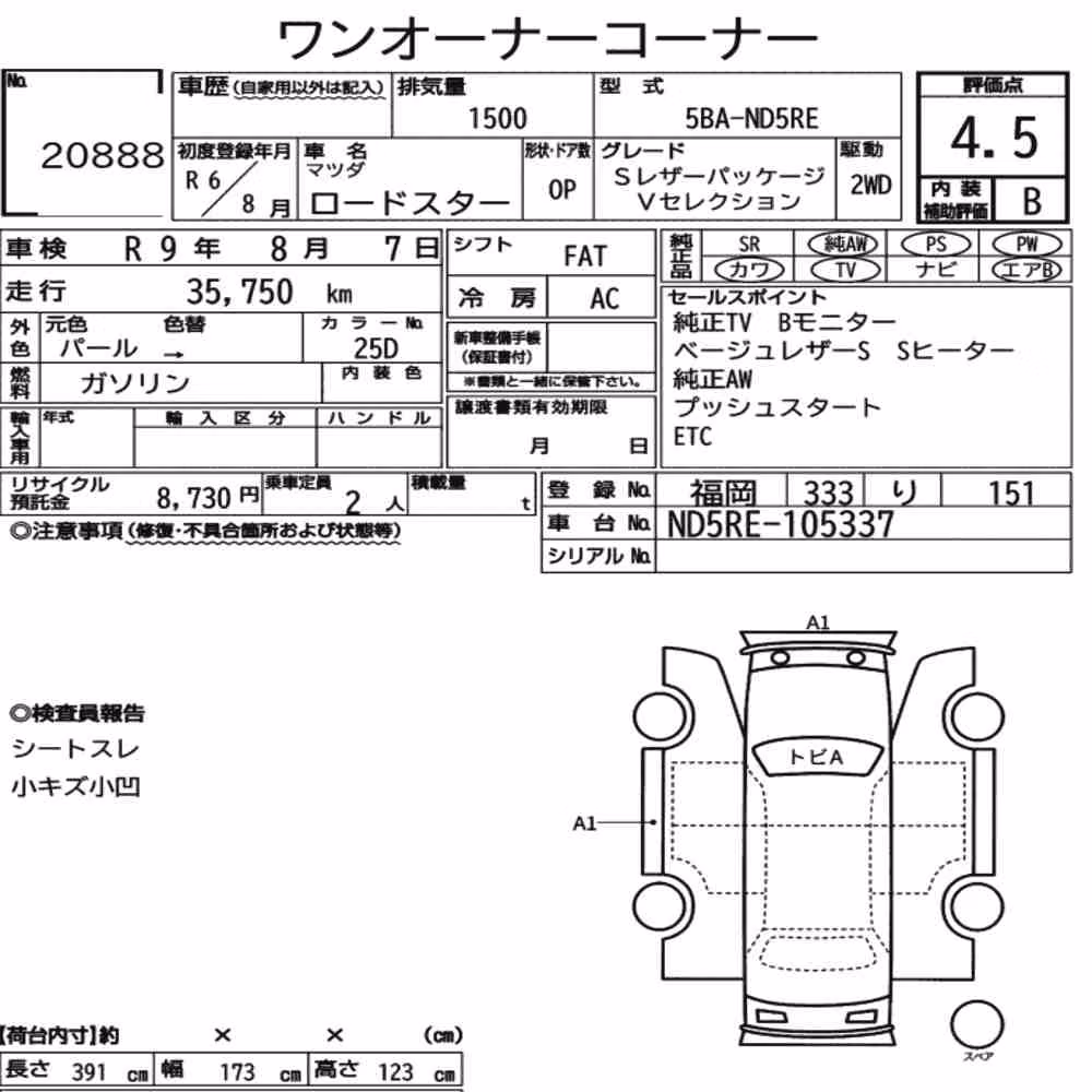 Notka aukcyjna: MAZDA ROADSTER S LEATHER PACKAGE V SELECTION
