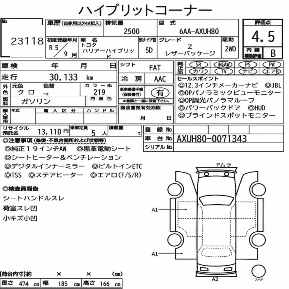 Notka aukcyjna: TOYOTA HARRIER HYBRID Z LEATHER PACKAGE