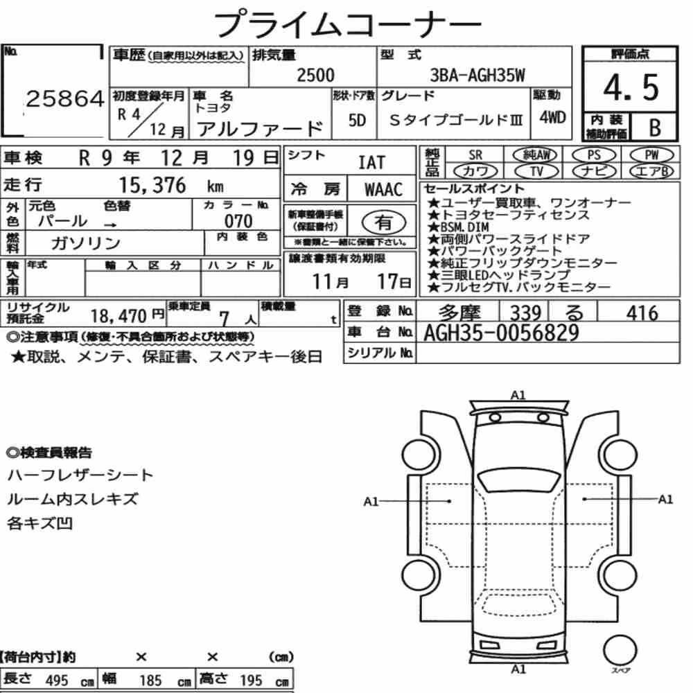Notka aukcyjna: TOYOTA ALPHARD 4WD S TYPE GOLDⅢ