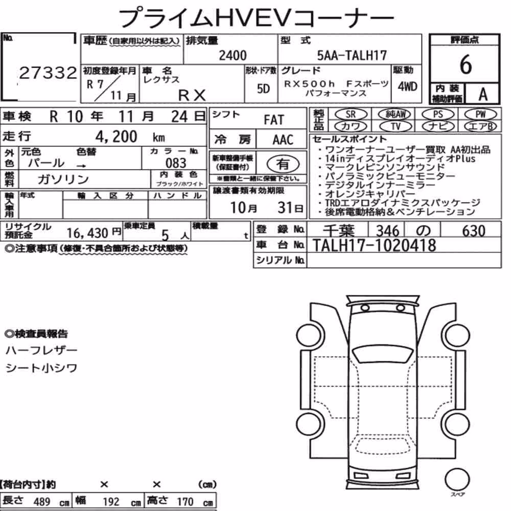 Notka aukcyjna: LEXUS RX 4WD RX500H F SPORT PERFORMANCE