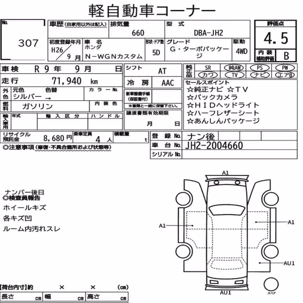 Notka aukcyjna: HONDA N-WGN CUSTOM 4WD G・TURBO PACKAGE