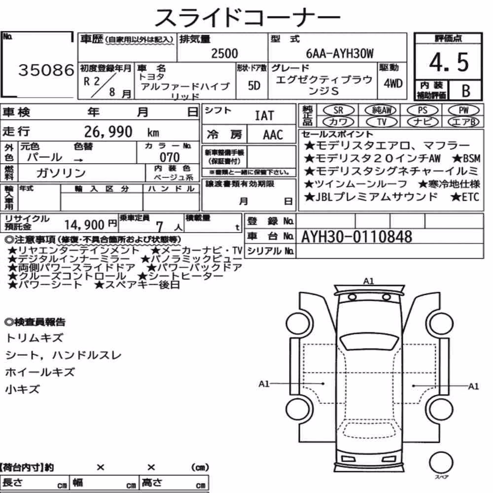 Notka aukcyjna: TOYOTA ALPHARD HYBRID 4WD EXECUTIVE LOUNGE S