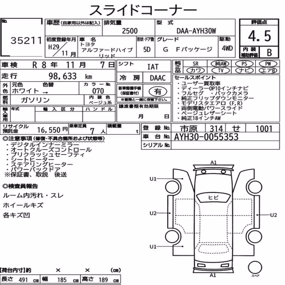 Notka aukcyjna: TOYOTA ALPHARD HYBRID 4WD G F PACKAGE