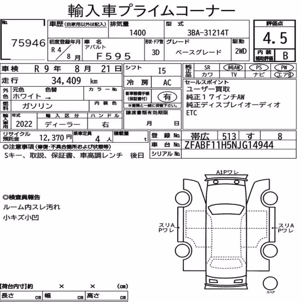 Notka aukcyjna: ABARTH F595 BASE GRADE