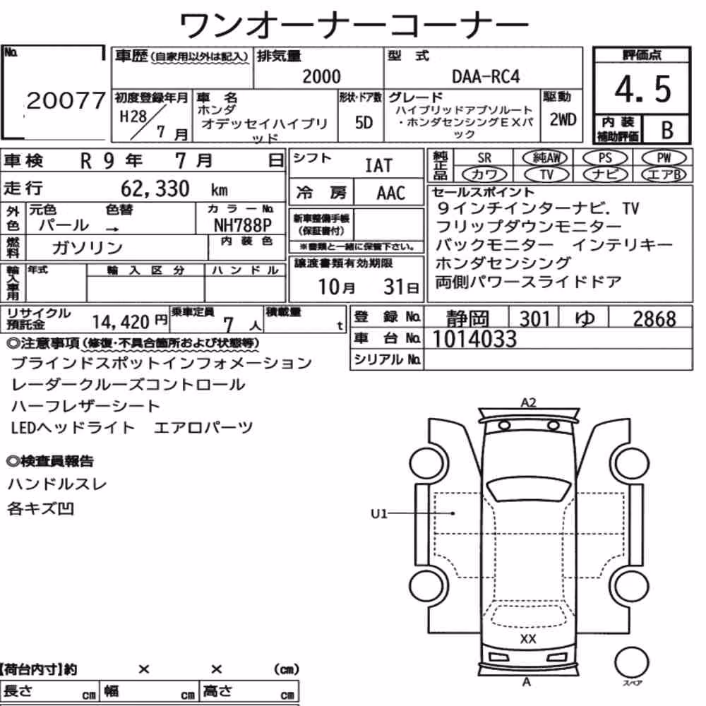 Notka aukcyjna: HONDA ODYSSEY HYBRID HYBRID ABSOLUTE HONDA SENSING EX PACK