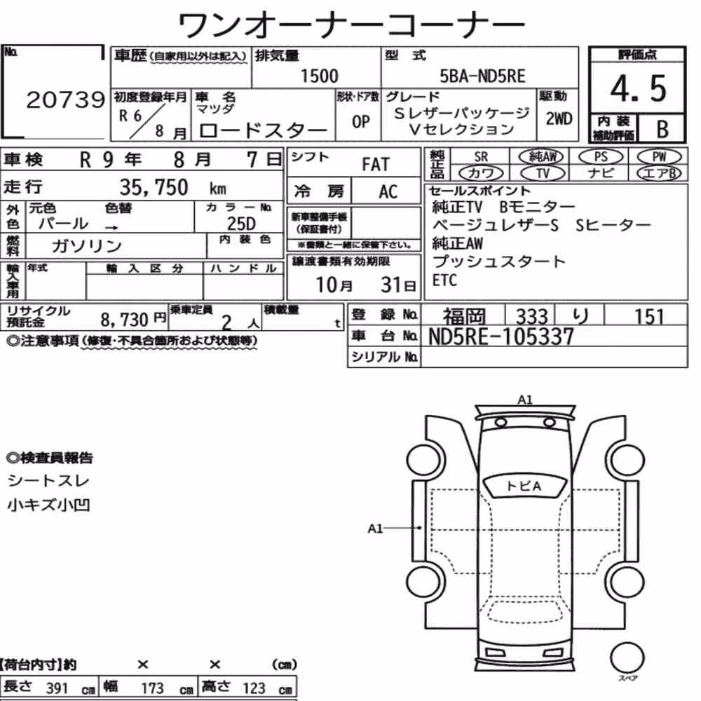 Notka aukcyjna: MAZDA ROADSTER S LEATHER PACKAGE V SELECTION