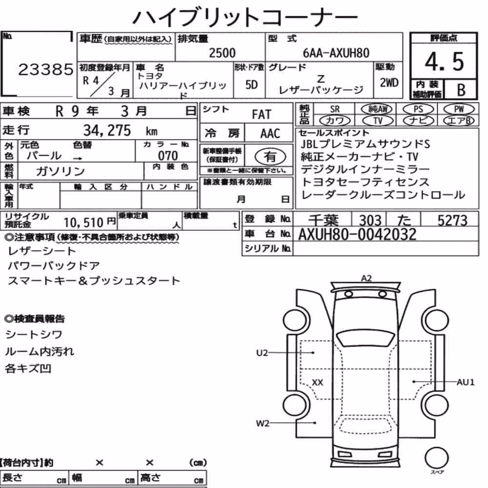 Notka aukcyjna: TOYOTA HARRIER HYBRID Z LEATHER PACKAGE