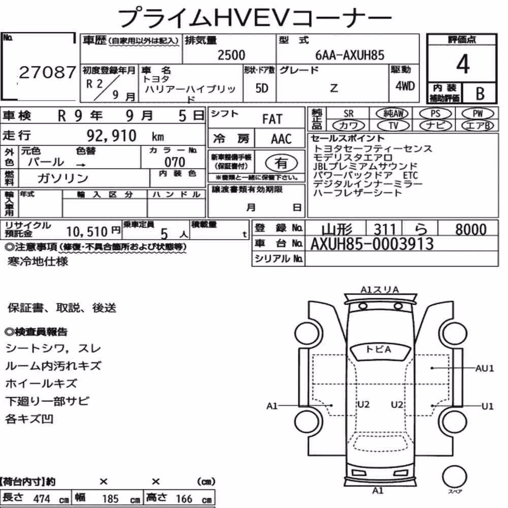 Notka aukcyjna: TOYOTA HARRIER HYBRID 4WD Z
