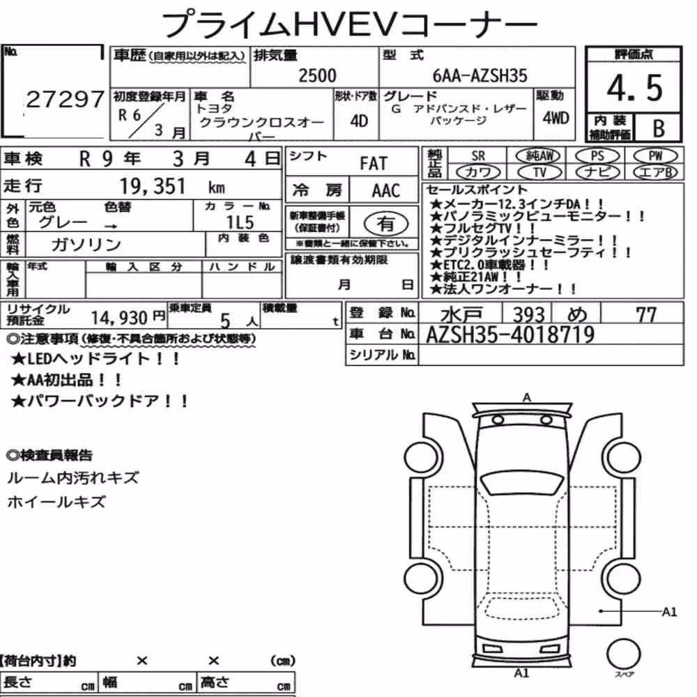 Notka aukcyjna: TOYOTA CROWN CROSSOVER 4WD G ADVANCED・LEATHER PACKAGE