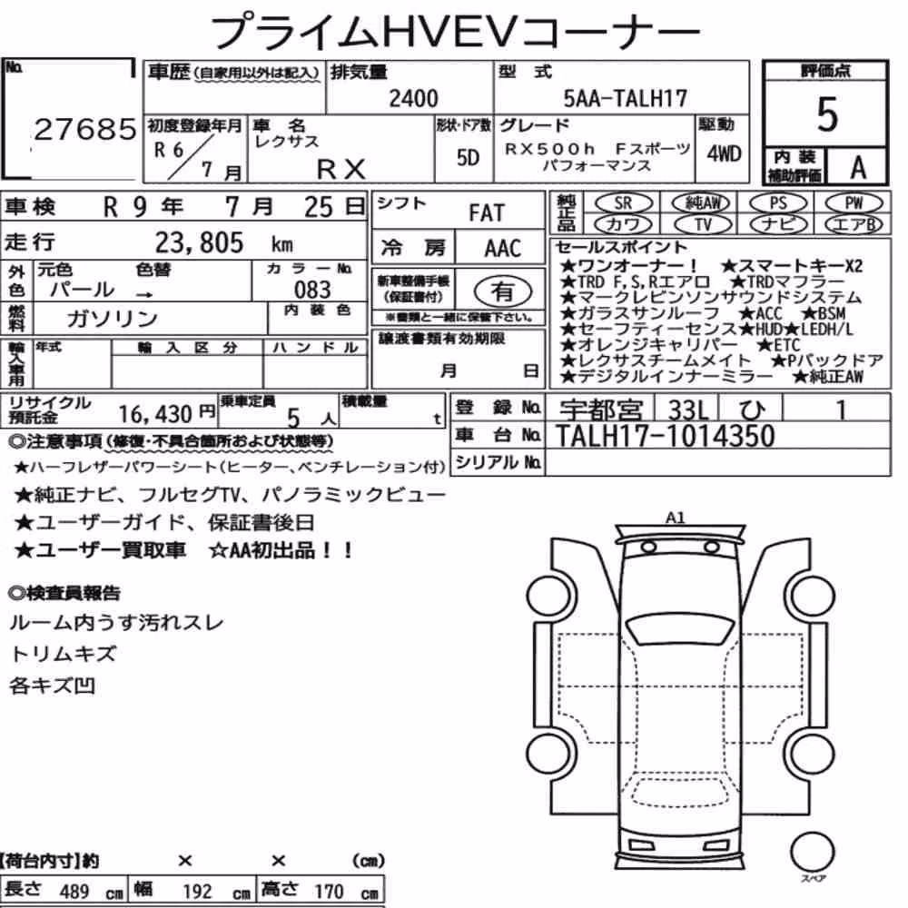 Notka aukcyjna: LEXUS RX 4WD RX500H F SPORT PERFORMANCE