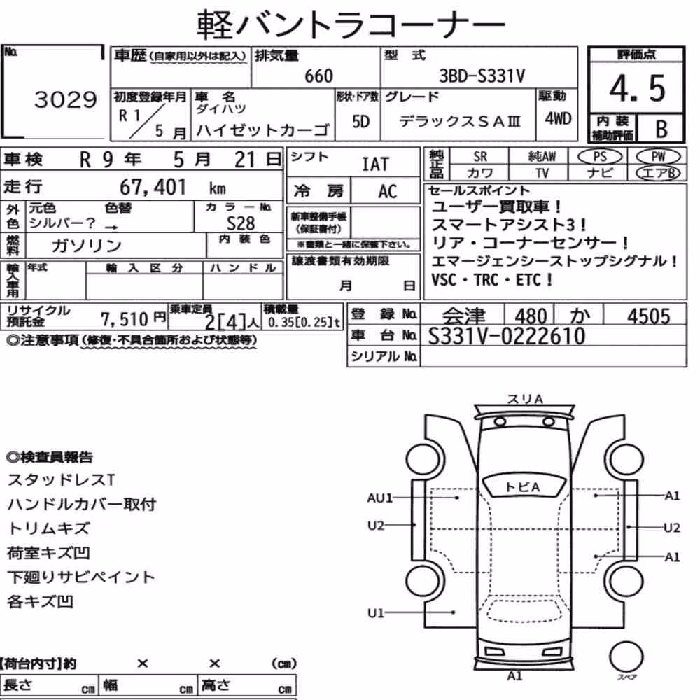 Notka aukcyjna: DAIHATSU HIJET CARGO 5D 4WD DELUXE SA Ⅲ