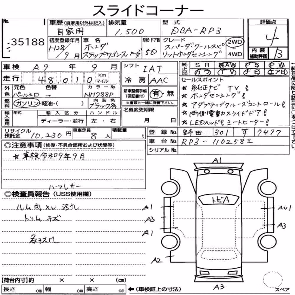 Notka aukcyjna: HONDA STEPWAGON SPADA SPADA・COOL SPIRIT HONDA SENSING