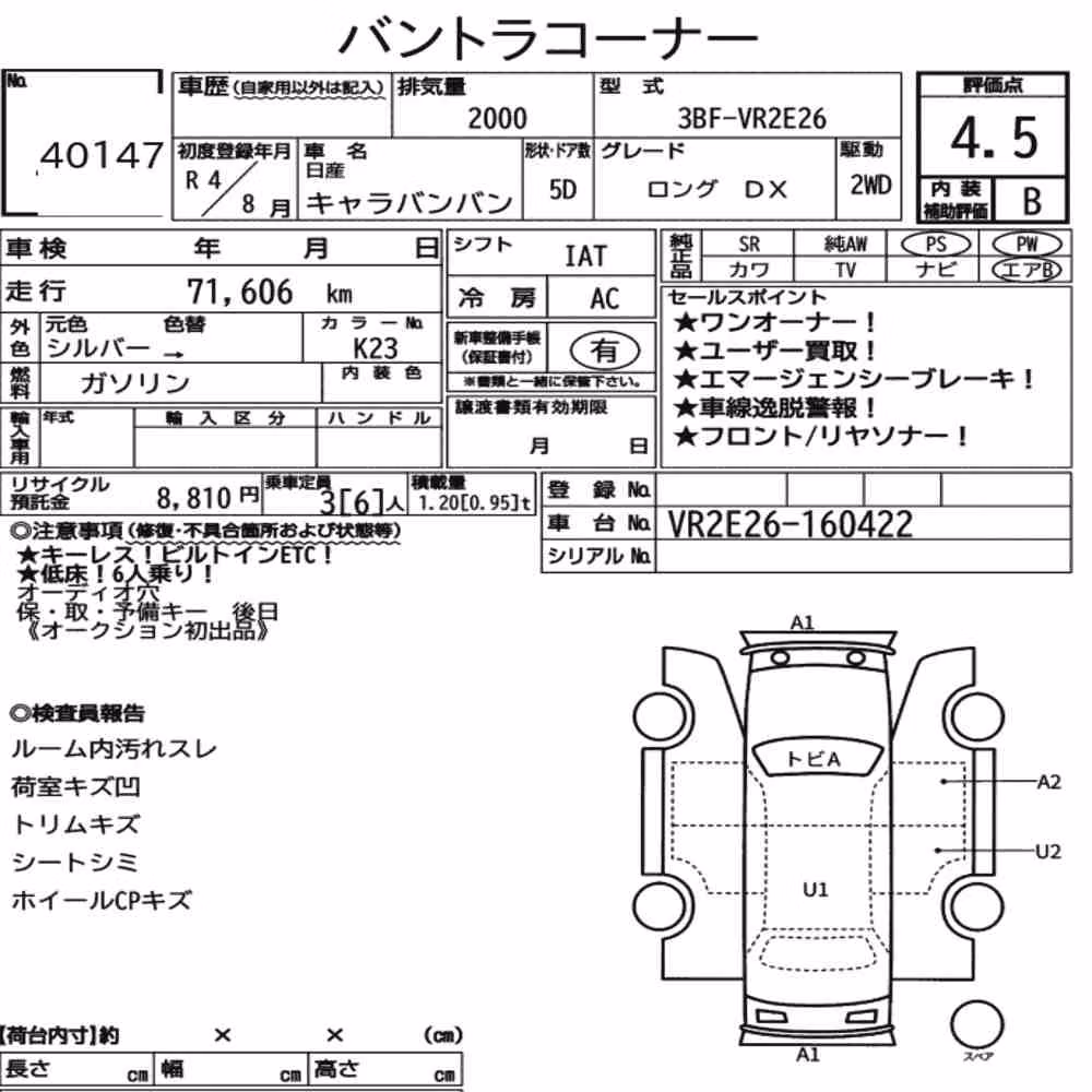 Notka aukcyjna: NISSAN CARAVAN VAN 5D LONG DX