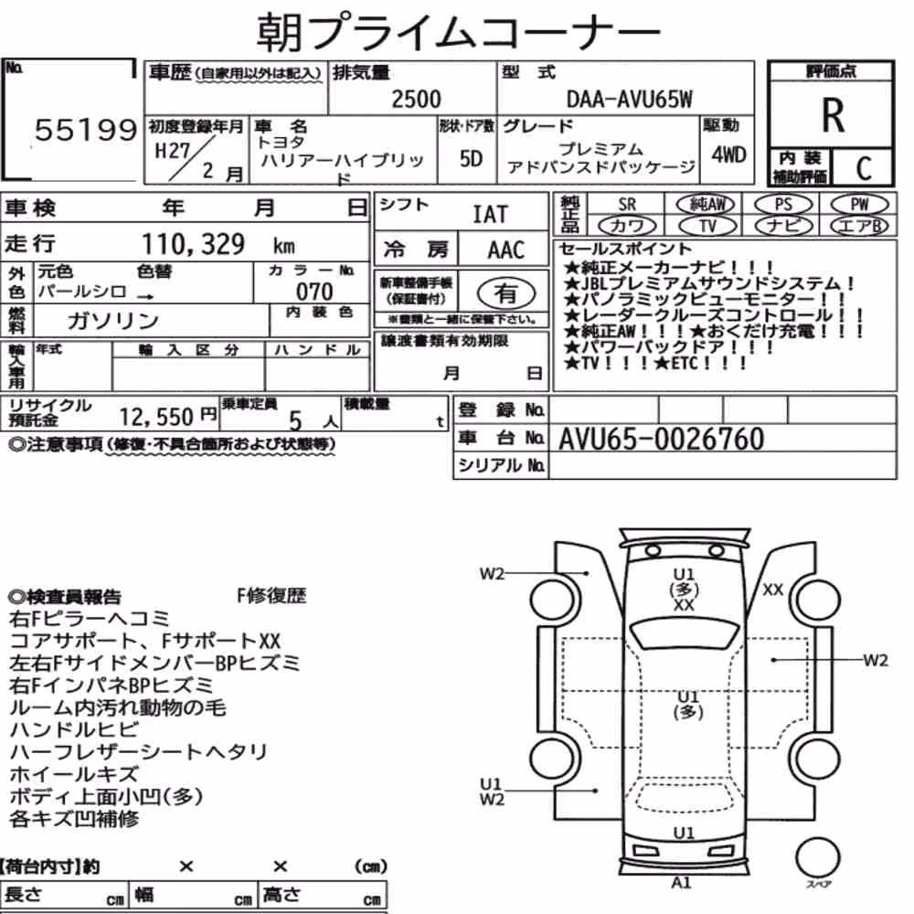 Notka aukcyjna: TOYOTA HARRIER HYBRID 4WD PREMIUM ADVANCED PACKAGE