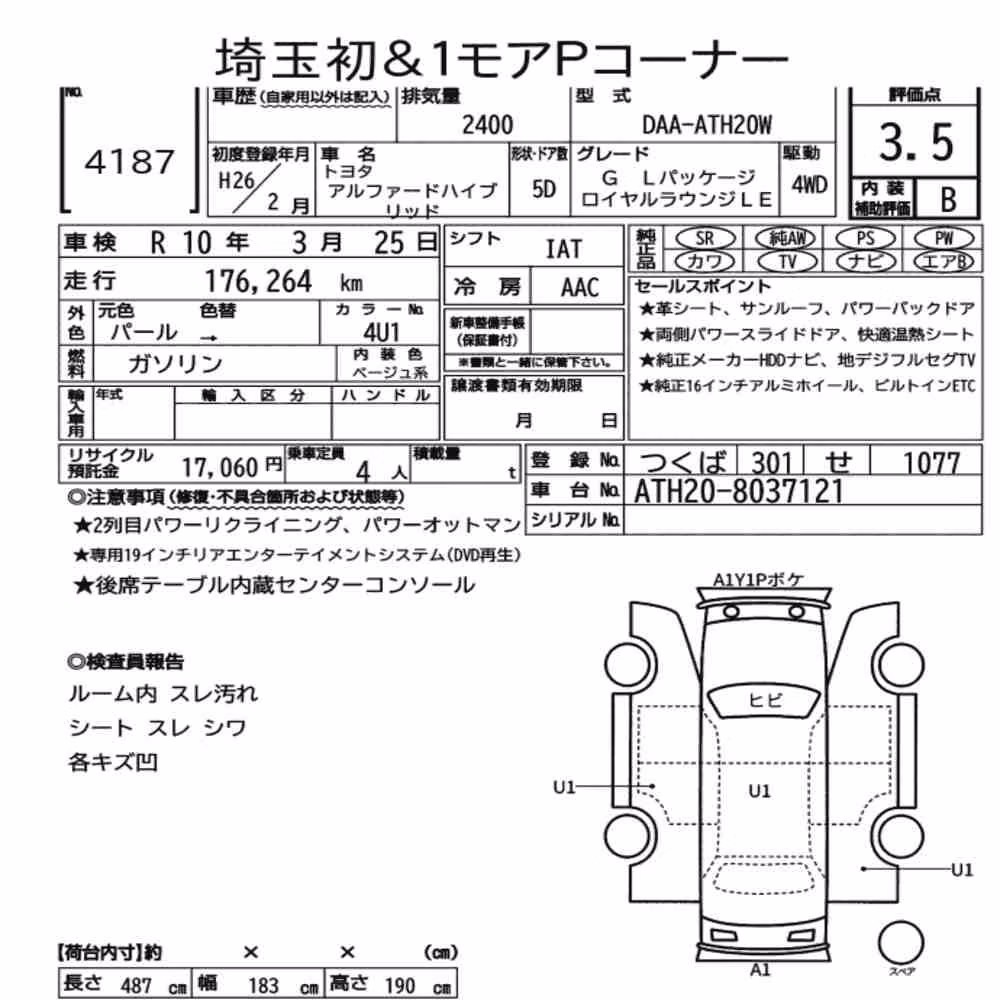 Notka aukcyjna: TOYOTA ALPHARD HYBRID 4WD G L PACKAGE ROYAL LOUNGE LE