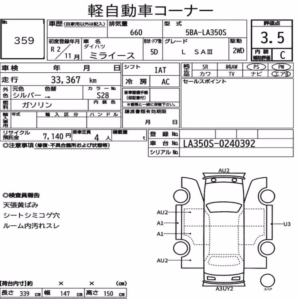 Notka aukcyjna: DAIHATSU MIRA E:S L SAⅢ