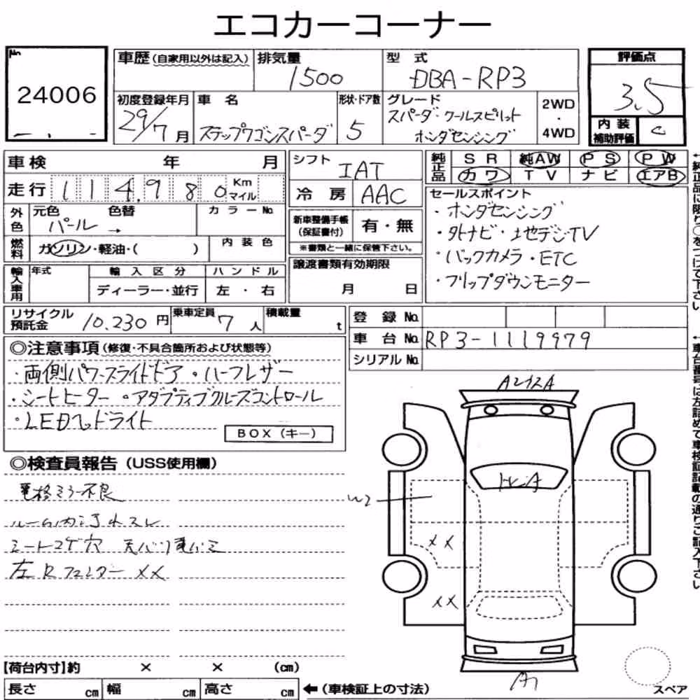 Notka aukcyjna: HONDA STEPWAGON SPADA SPADA・COOL SPIRIT HONDA SENSING