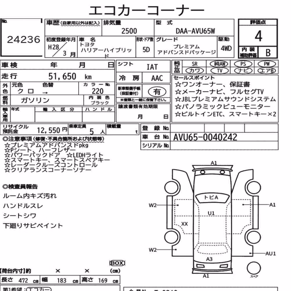 Notka aukcyjna: TOYOTA HARRIER HYBRID 4WD PREMIUM ADVANCED PACKAGE