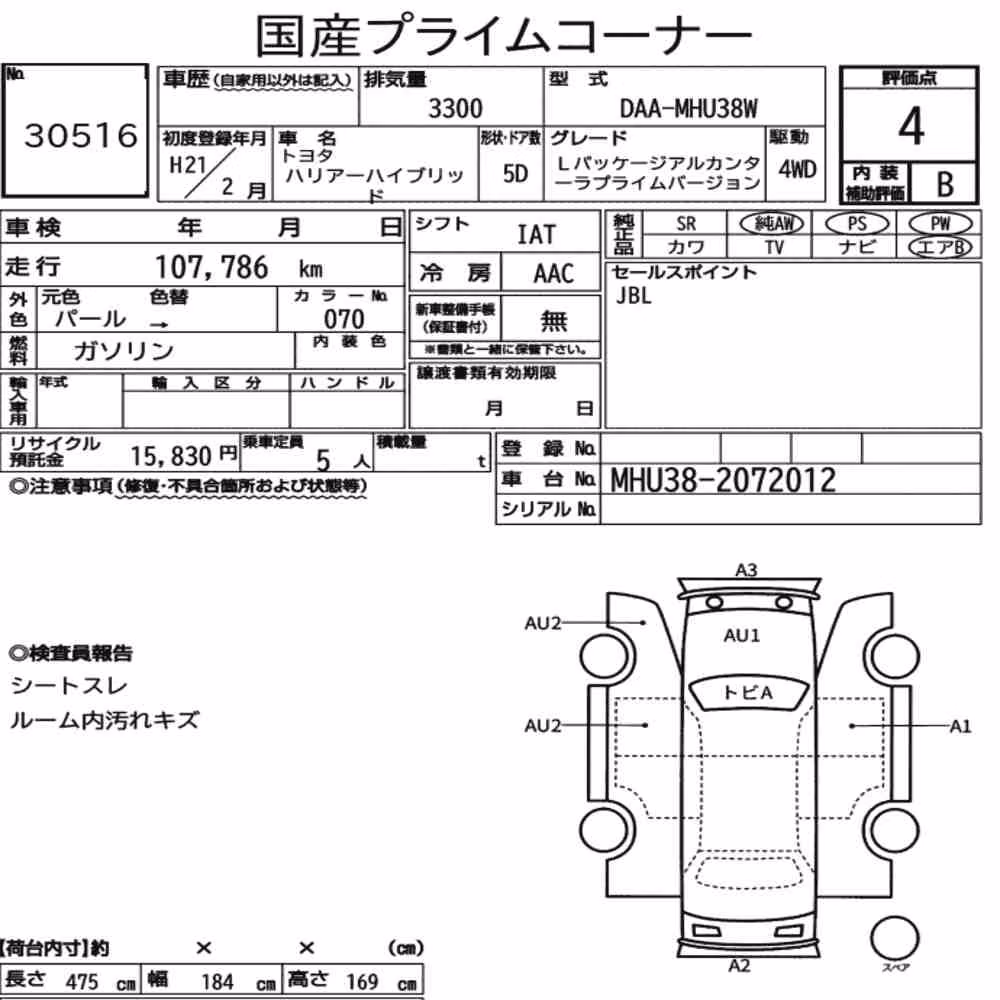 Notka aukcyjna: TOYOTA HARRIER HYBRID 4WD L PACKAGE ALCANTARA PRIME VERSION