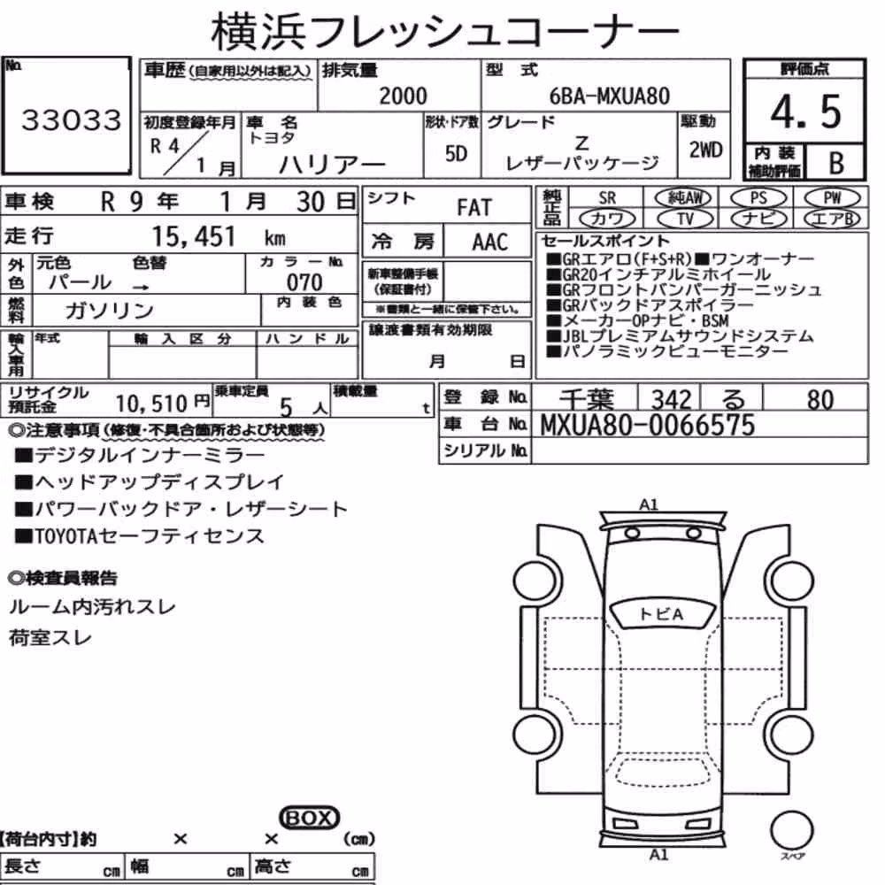 Notka aukcyjna: TOYOTA HARRIER Z LEATHER PACKAGE