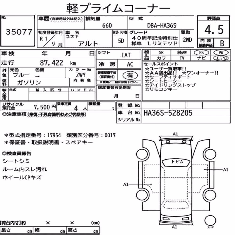 Notka aukcyjna: SUZUKI ALTO 5D 40TH ANNIVERSARY SPECIAL EDITION L LIMIT