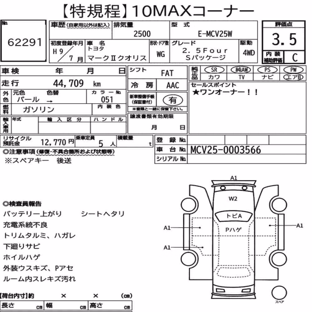 Notka aukcyjna: TOYOTA MARKⅡ QUALIS 4WD 2.5FOUR S PACKAGE