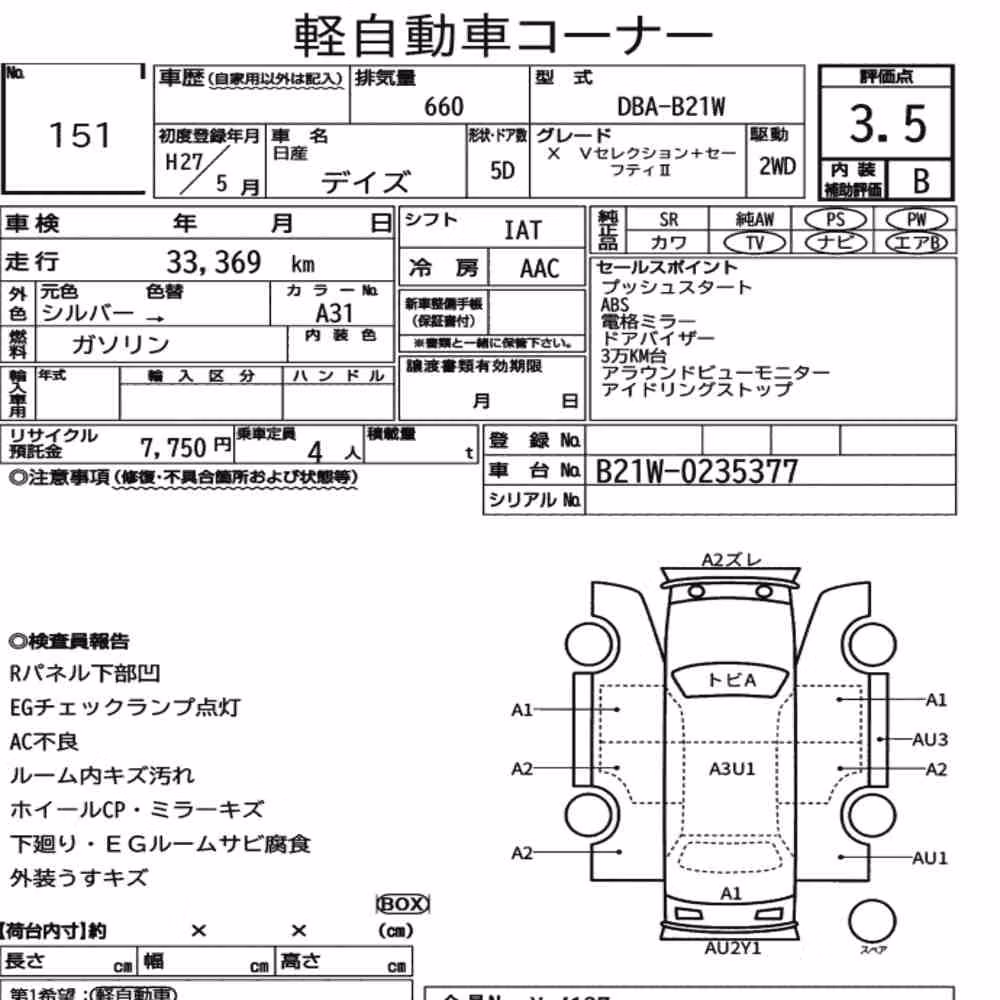 Notka aukcyjna: NISSAN DAYZ X V SELECTION+SAFETY Ⅱ