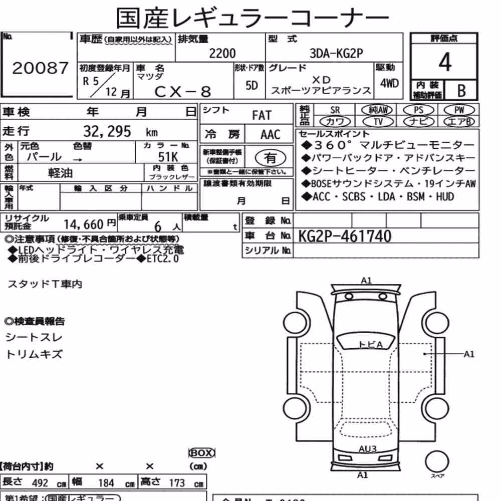 Notka aukcyjna: MAZDA CX-8 4WD XD SPORTS APPEARANCE