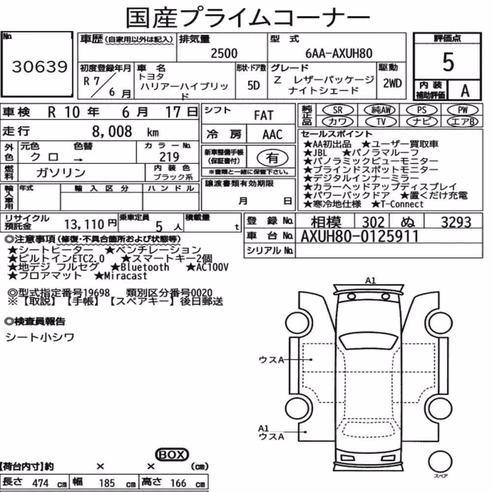 Notka aukcyjna: TOYOTA HARRIER HYBRID Z LEATHER PACKAGE・NIGHT SHADE