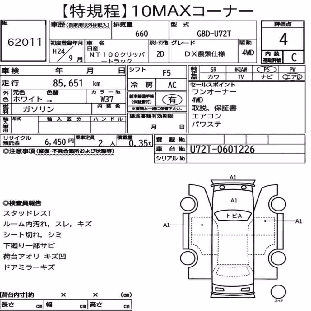 Notka aukcyjna: NISSAN NT100CLIPPER TRUCK 4WD DX NOUHAN VERSION
